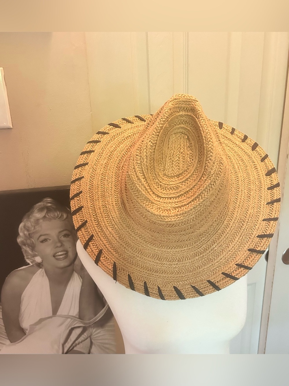 Wide Brim khaki Straw Sun Hat with Black Trim